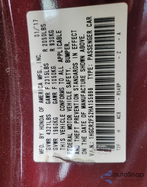 2017 Honda Accord Sport из США, поврежденный, VIN 1HGCR2F52HA155898